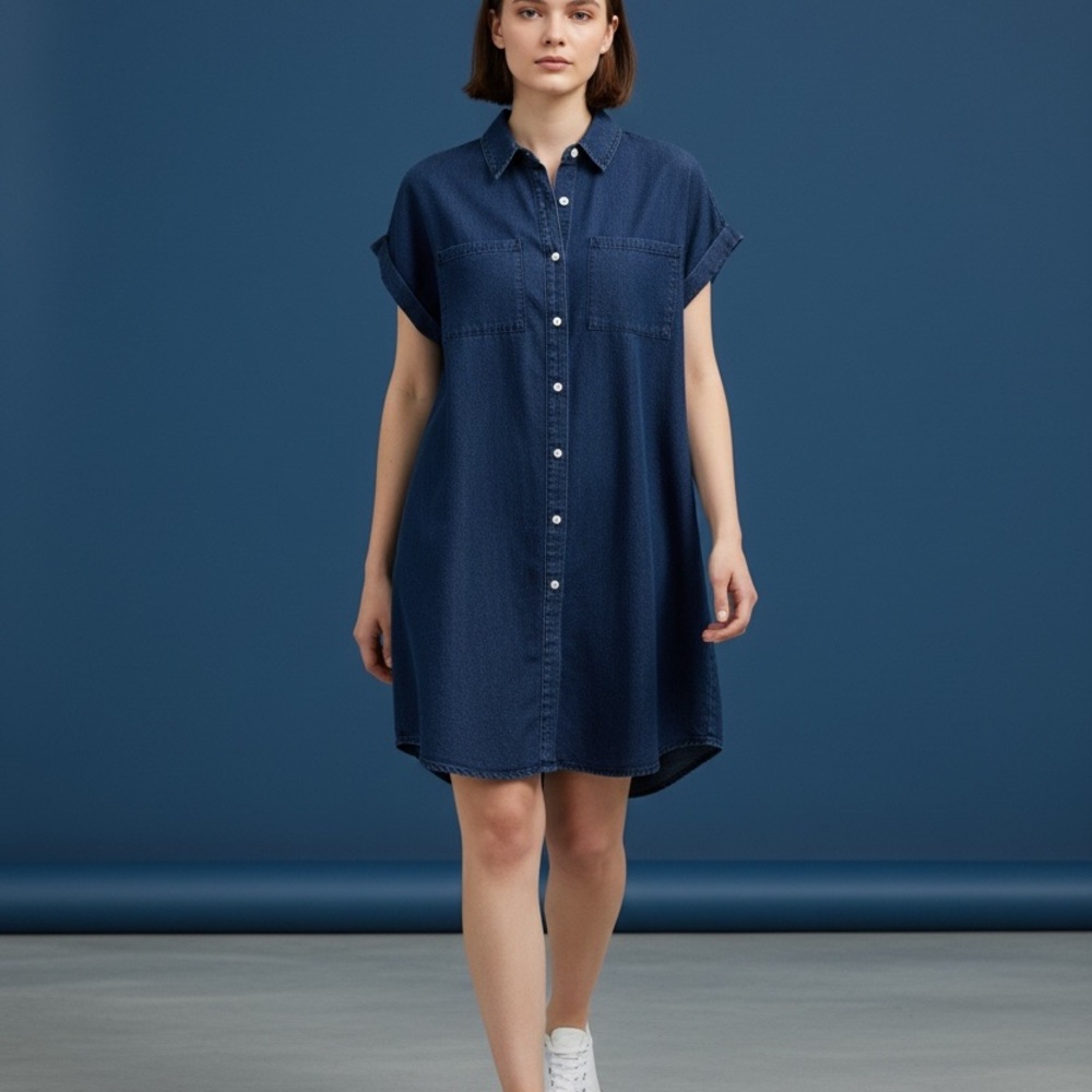 Zilcremo Women's Denim Chambray Button Front Tunic Shirt-Dress